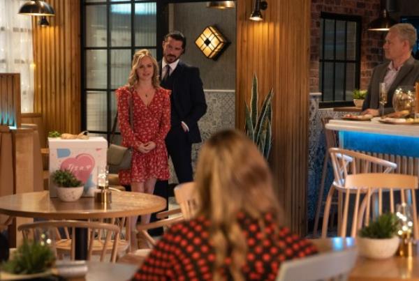 Adam and Sarah attend a gender reveal party at the bistro in Corrie