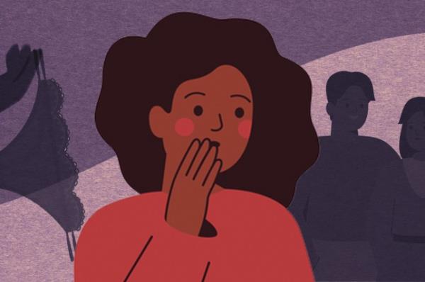 An illustration of someone looking shocked, as another holds a pair of underwear and a couple smiles in the background.