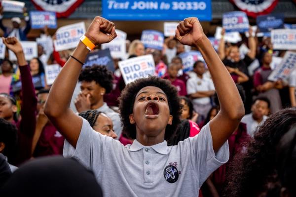 A member of the audience cheers as U.S. President Joe Biden speaks during a campaign rally at Girard College on May 29, 2024 in Philadelphia, Pennsylvania.