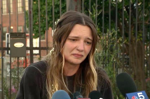 Noah Enos' girlfriend, Nicole Wijs, speaking at a vigil in memory of her boyfriend.