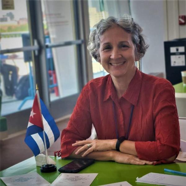 a woman sitting at a table with a flag