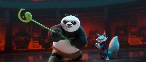 This image released by Universal Pictures shows characters Po, voiced by Jack Black, left, and  Zhen, voiced by Awkwafina, in a scene from DreamWorks Animation's 