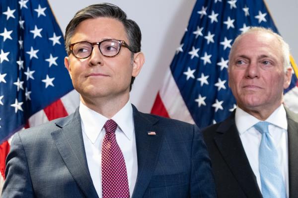 Speaker of the House Mike Johnson, R-La., left, and House Majority Leader Steve Scalise, R-La., co<em></em>nduct a news co<em></em>nference at the Republican Natio<em></em>nal Committee after a meeting with former President Do<em></em>nald Trump and the House Republican Co<em></em>nference on June 13, 2024 in Washington, DC.