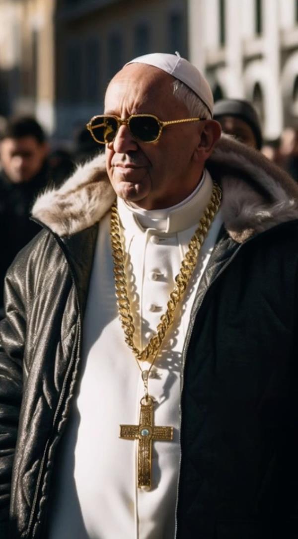 An AI generated image of Pope Francis in a puffer jacket and giant gold chain. 