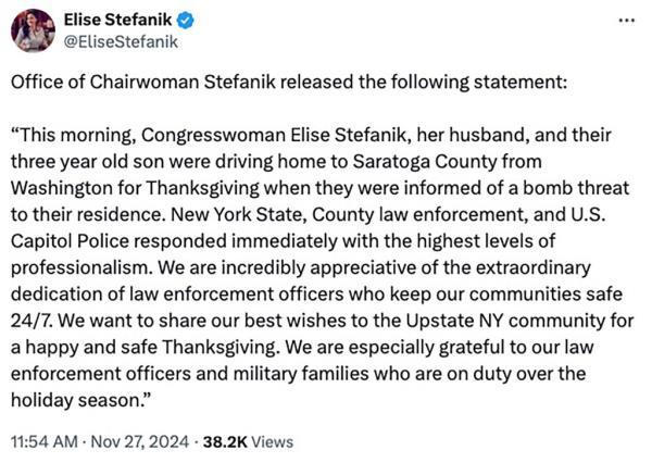 Screenshot of a social media post discussing NY Rep. Elise Stefanik, Trump's nominee for UN ambassador, co<em></em>nfirming she was targeted in bomb threat