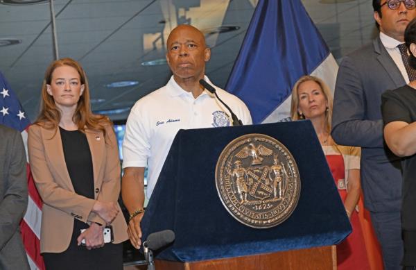 Mayor Adams at a Mo<em></em>nday press conference. 