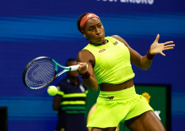 Coco Gauff returns a shot at the U.S. Open on Monday.