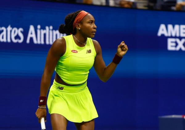 Coco Gauff celebrates during her first-round win at the U.S. Open on Mo<em></em>nday night.