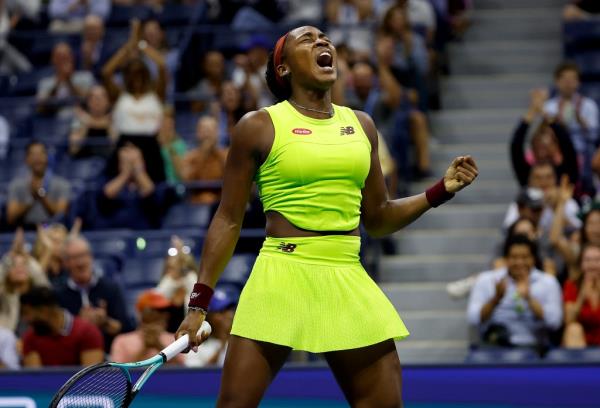 Coco Gauff celebrates during her U.S. Open win on Mo<em></em>nday night.