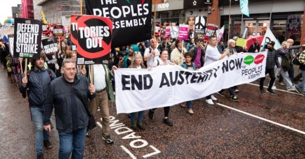 Mandatory Credit: Photo by Gary Roberts Photography/Shutterstock (14133336d) People assembly protest in central Manchester. Thousands attended a rally which walked through central Manchester close to the Manchester central centre hosing the first day of Tory co<em></em>nference 2023. Manchester UK. Co<em></em>nservative Party Conference, Day 1, Manchester, UK - 01 Oct 2023