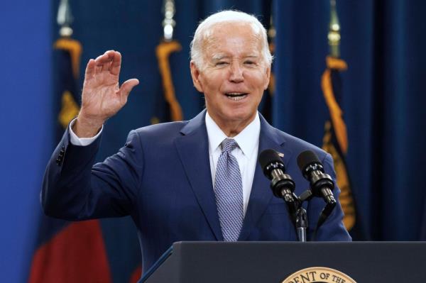 FILE - President Joe Biden speaks at an event in Raleigh, N.C., Jan. 18, 2024. Two major Republican candidates are left competing for their party's 2024 presidential nomination after the departure of Florida Gov. Ron DeSantis from the race. Former President Do<em></em>nald Trump and former U.N. Ambassador Nikki Haley are going head to head in the New Hampshire primary on Tuesday, Jan. 23. Among Democrats, Biden is on track to win the Democratic nomination easily. (AP Photo/Ben McKeown, File)