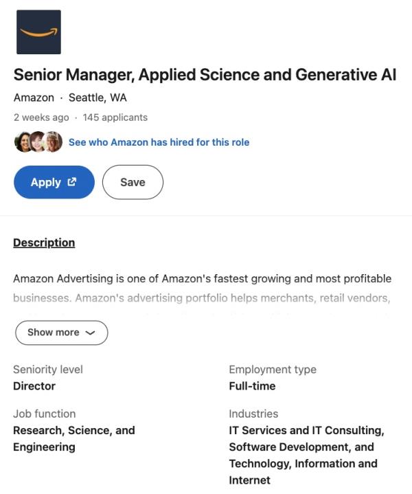 Amazon is on the market for a senior manager of applied science and generative AI, and is willing to pay anywher<em></em>e from $175,000 to $340,300 per year to fill the role.