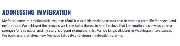 Close-up of text which discusses how VA-07 Democrat Eugene Vindman removed immigration position from his website after primary.