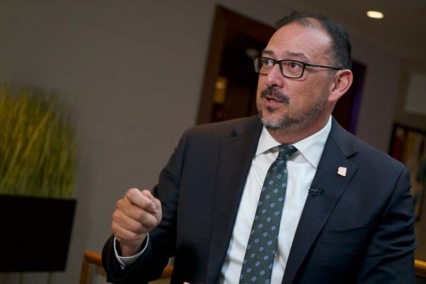 Arizona Secretary of State Adrian Fo<em></em>ntes speaks during an interview with AFP in Washington, DC, on February 7, 2024. 