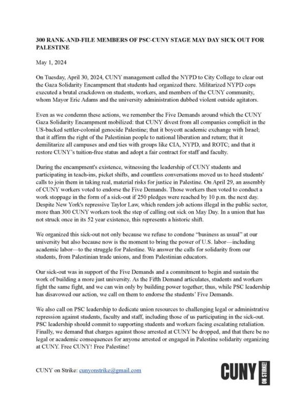 PSC-CUNY members are demanding amnesty for the protesters arrested at City College.