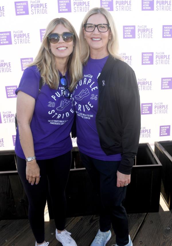 Shawna Landon and Leslie Landon Matthews smiling at the PanCAN PurpleStride event in Los Angeles, April 2024