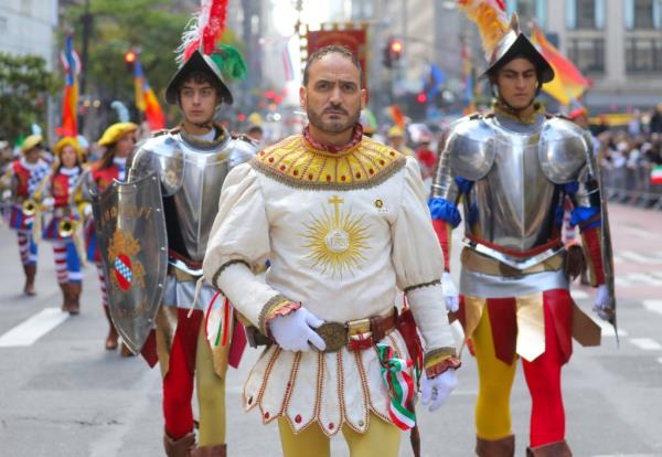 Man dressed in medie<em></em>val garb at the Columbus Day Parade in Manhattan.