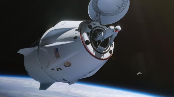 Artist's rendering of astro<em></em>naut leaving the ship