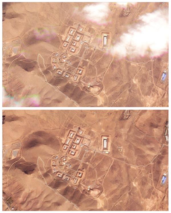 Before and after satellite images of Khojir rocket motor casting facility near Tehran, Iran illustrating the aftermath of an alleged Israeli airstrike in October 2024