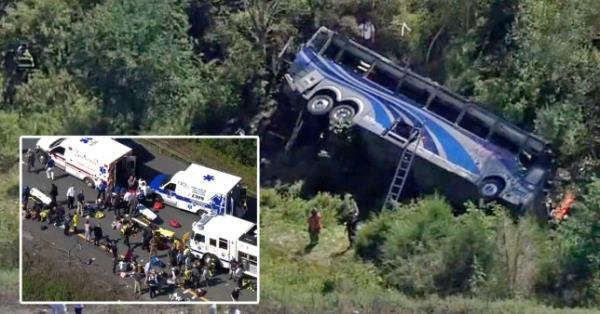 A devastating bus crash in New York has left two dead and dozens injured (Picture: NBC New York/AP) 