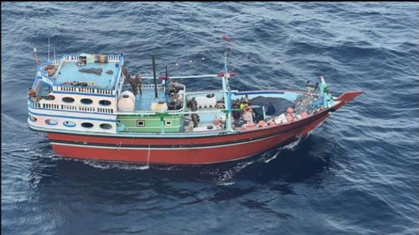 This undated photograph released by the U.S. military's Central Command shows what it is described as the vessel that carried Iranian-made missile compo<em></em>nents bound for Yemen's Houthi in the Arabian Sea. 