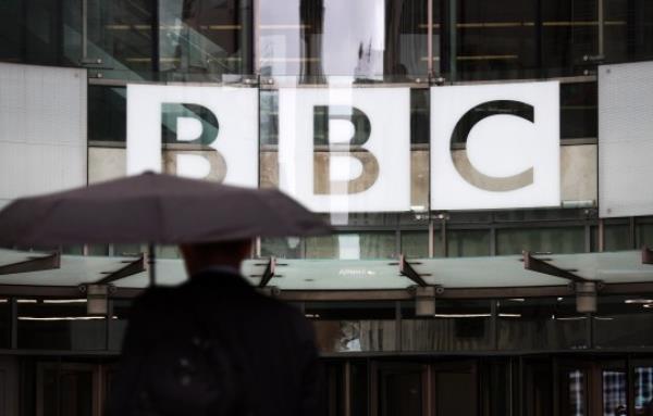 An exterior view of the headquarters building of the British Broadcasting Corporation (BBC), in London.