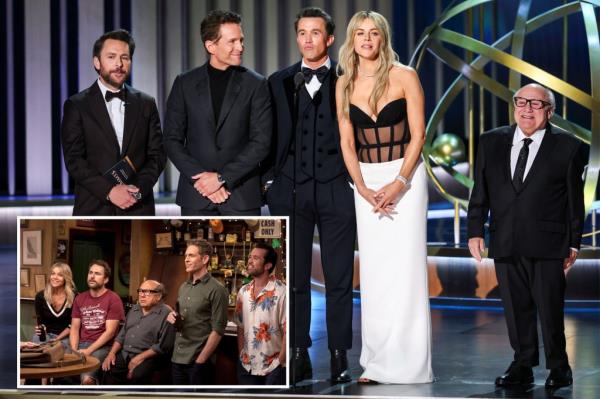 Charlie Day, Glenn Howerton, rob McElhenney, Kaitlin Olson, and Danny Devito at the Emmys. 