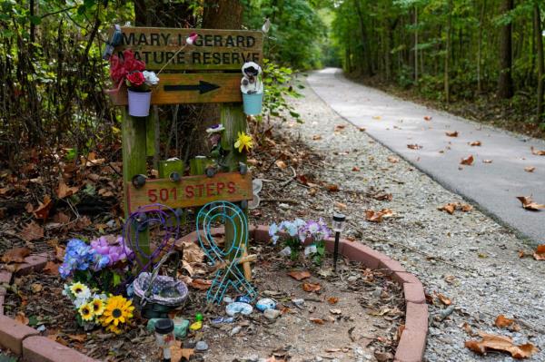 Decorated sto<em></em>nes bearing the names of Abigail Williams and Liberty German, who were killed in February 2017, are placed at a memorial along the Mo<em></em>non High Bridge Trail in Delphi, Ind., Tuesday, Oct. 1, 2024.