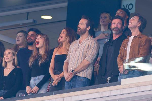 Taylor Swift and actors Blake Lively, Ryan Reynolds, Sophie Turner and Hugh Jackman in a luxury box before the start of the first half at MetLife Stadium, Sunday, Oct. 1, 2023, in East Rutherford, New Jersey. 