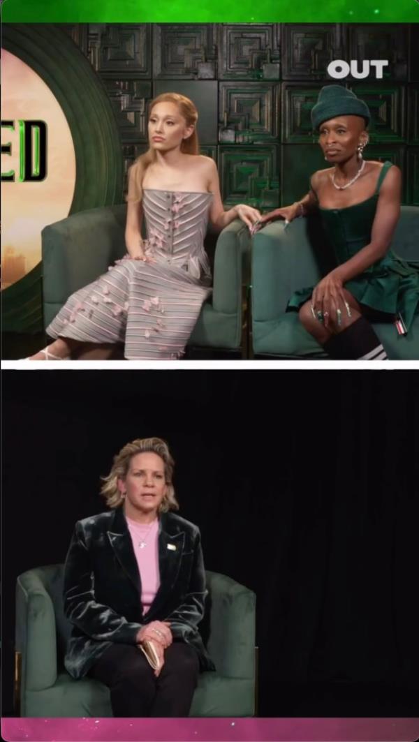 Ariana Grande and Cynthia Erivo being interviewed 