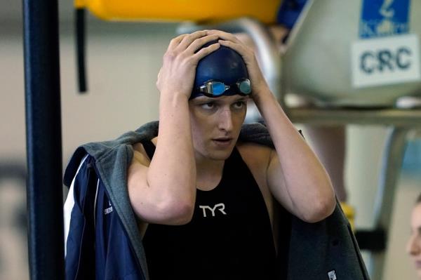 Transgender swimmer Lia Thomas waiting for a preliminary heat in Women's NCAA 500-yard freestyle swimming champio<em></em>nship at Georgia Tech, Atlanta, March 17, 2022