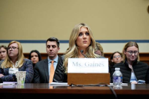 Former collegiate swimmer Riley Gaines testifying at a House Oversight Subcommittee on Health Care and Financial Services hearing in Washington, DC