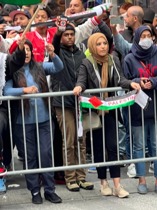 A protester is seen displaying a swastika at the Democratic Socialists of America pro-Palestine rally on October 8.