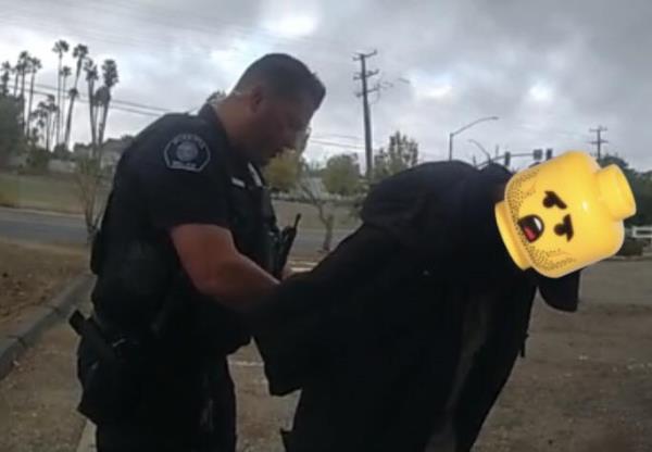 Man with digitally imposed Lego head seen being arrested in Murrieta, Calif. 