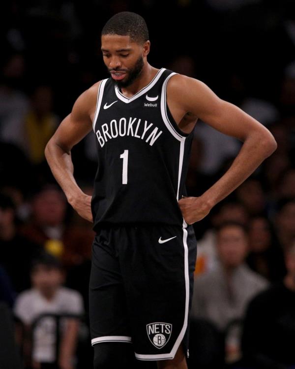 Brooklyn Nets forward Mikal Bridges (1) reacts during the fourth quarter against the Cleveland Cavaliers at Barclays Center.