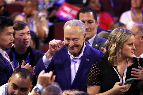 Senate Majority Leader Chuck Schumer gestures on the first day of the Democratic Natio<em></em>nal Co<em></em>nvention (DNC) at the United Center in Chicago, Illinois, on August 19, 2024. Vice President Kamala Harris will formally accept the party's nomination for president at the DNC which runs from August 19-22 in Chicago.