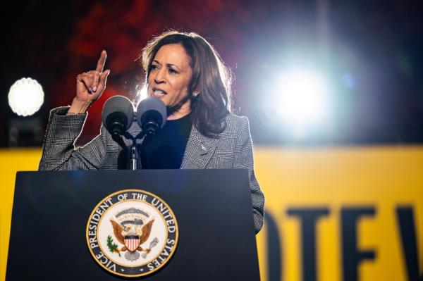 U.S. Vice President Kamala Harris speaking at a campaign rally in Ann Arbor, Michigan on October 28, 2024.
