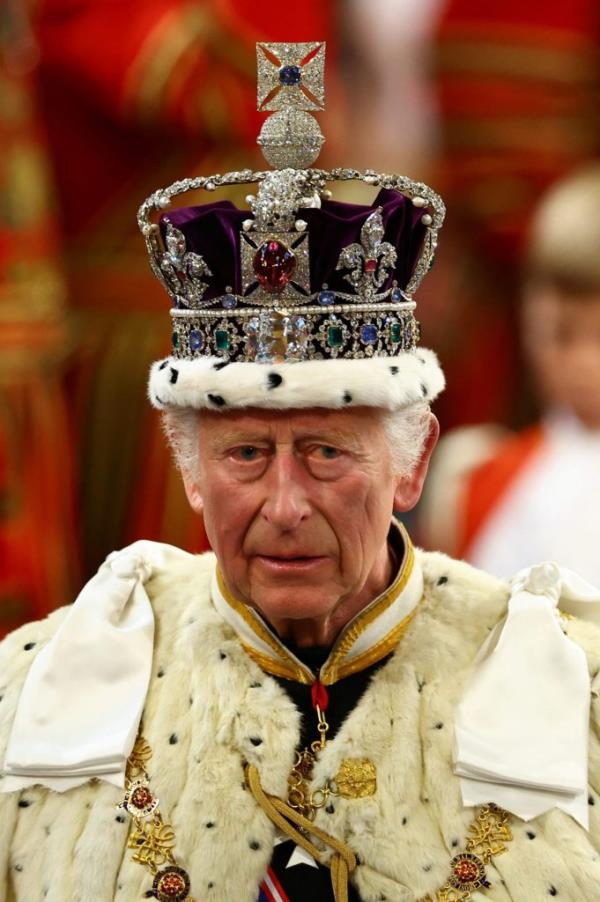 King Charles III wearing the Imperial State Crown at the State Opening of Parliament, 2024