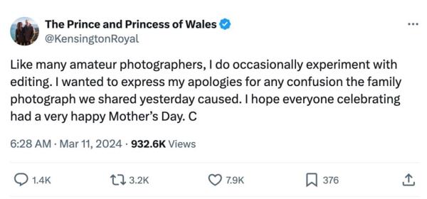 Kate Middleton apologizes for botched post-surgery family photo