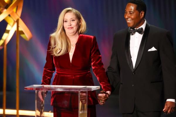 Christina Applegate speaks o<em></em>nstage during the 2024 Emmy Awards on Jan. 15.