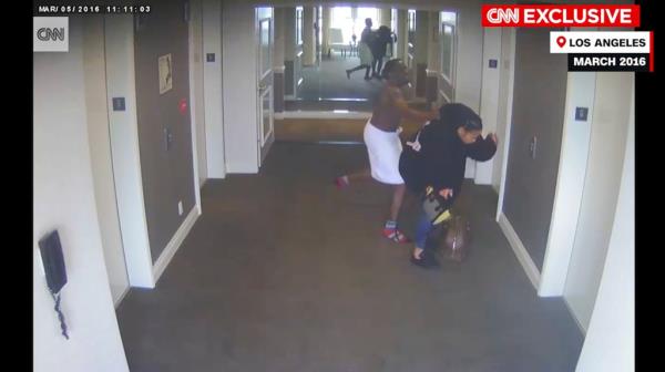 Sean 'Diddy' Combs appearing to physically abuse his then-girlfriend, Cassandra Ventura, in a Los Angeles hotel hallway captured from a security camera footage aired by CNN