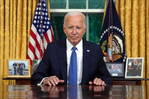 President Joe Biden pauses as he co<em></em>ncludes his address to the nation a<em></em>bout his decision to not seek reelection, in the Oval Office at the White House in Washington, DC, on July 24, 2024.