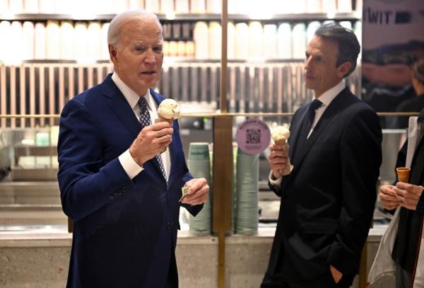 Biden revealed the news a<em></em>bout the cease-fire while visiting an ice cream parlor with Meyers.