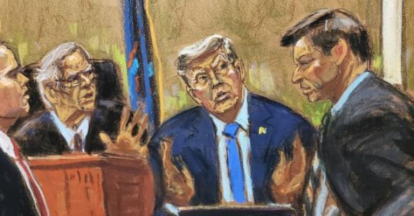 A courtroom sketch shows former President Do<em></em>nald Trump (second from right) and his lawyers in a tense exchange with Judge Arthur Engoron (second from left)