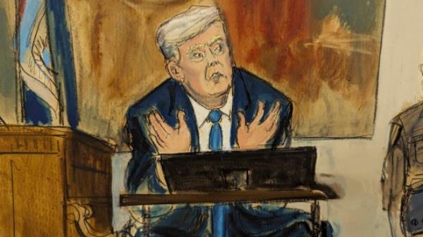Courtroom sketch shows former President Do<em></em>nald Trump testifies on the witness stand in New York Supreme Court on Monday