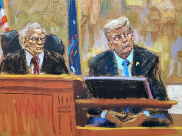 Courtroom sketch shows ex-President Do<em></em>nald Trump (right) questio<em></em>ned next to Judge Arthur Engoron (left) during the Trump Organization civil fraud trial in New York State Supreme Court