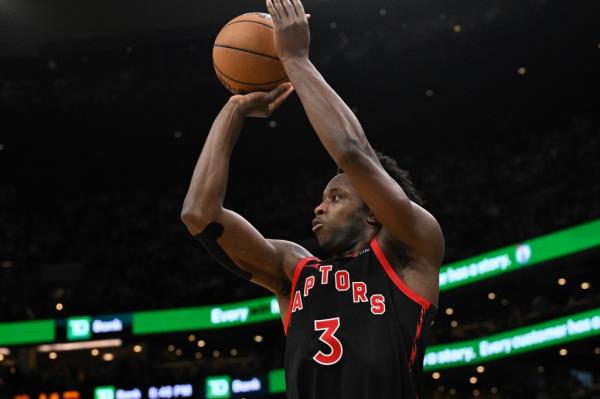 O.G. Anunoby #3 of the Toro<em></em>nto Raptors attempts a three-point basket against the Boston Celtics during the third quarter at the TD Garden on December 29, 2023 in Boston