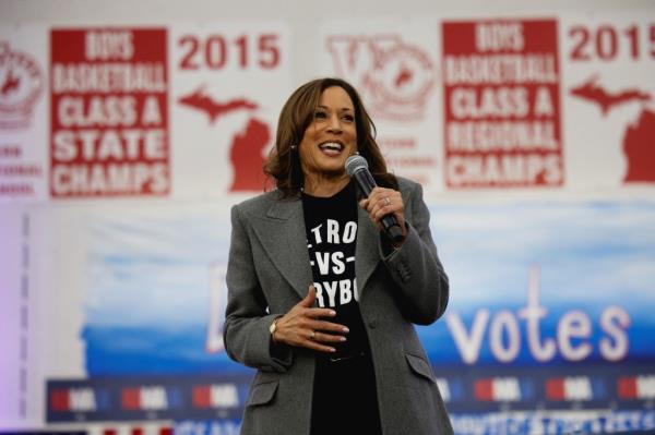 Democratic presidential nominee U.S. Vice President Kamala Harris speaks during a Get Out The Vote event in Detroit, Michigan, U.S., October 19, 2024