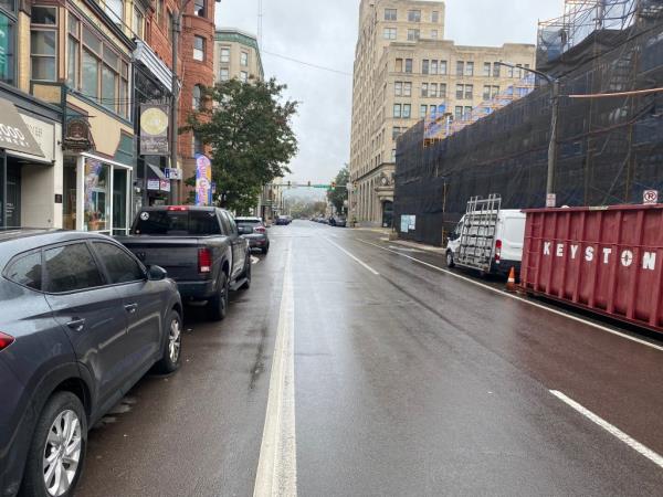 Cars parked along Biden Street in Scranton, Pennsylvania. 