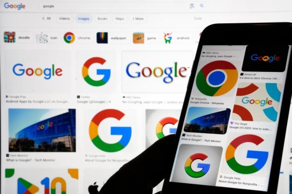 Google logos shown on a cell phone screen.